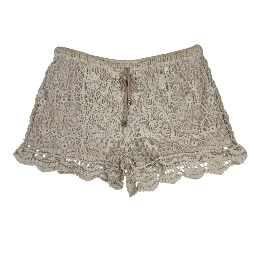 Body Central Crochet Lace Boho Shorts M Cream Beige Floral Drawstring